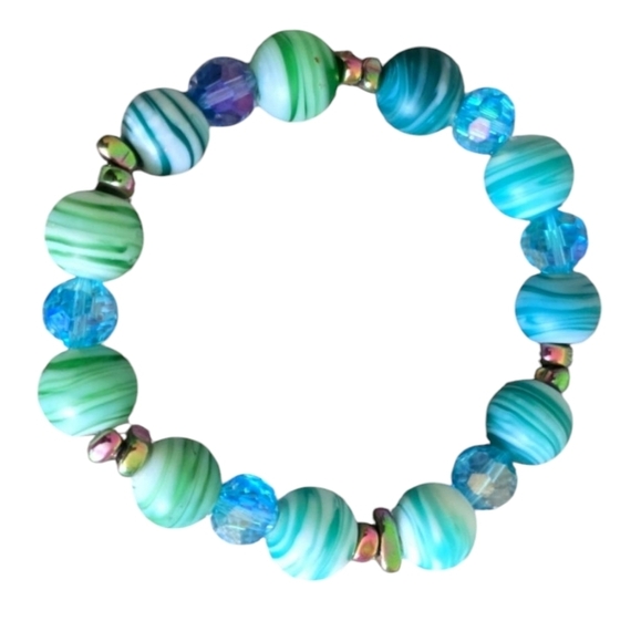 Handcrafted Glass Bead Turquoise Stretch Bracelet - Picture 1 of 7